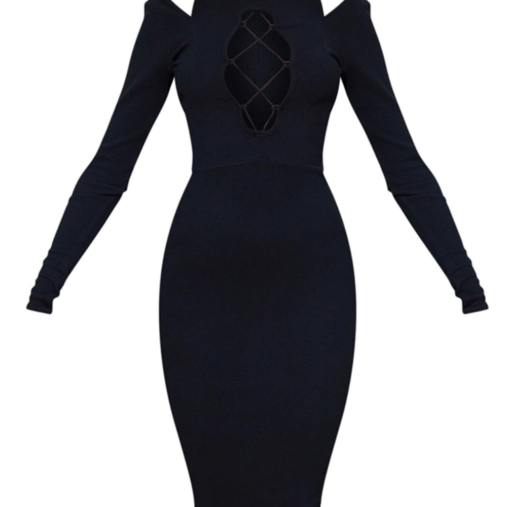 PRETTY LITTLE THING NEW WIRH TAGS Black Crinkle Rib Lace Up Detail Midi Dress - Picture 5 of 5